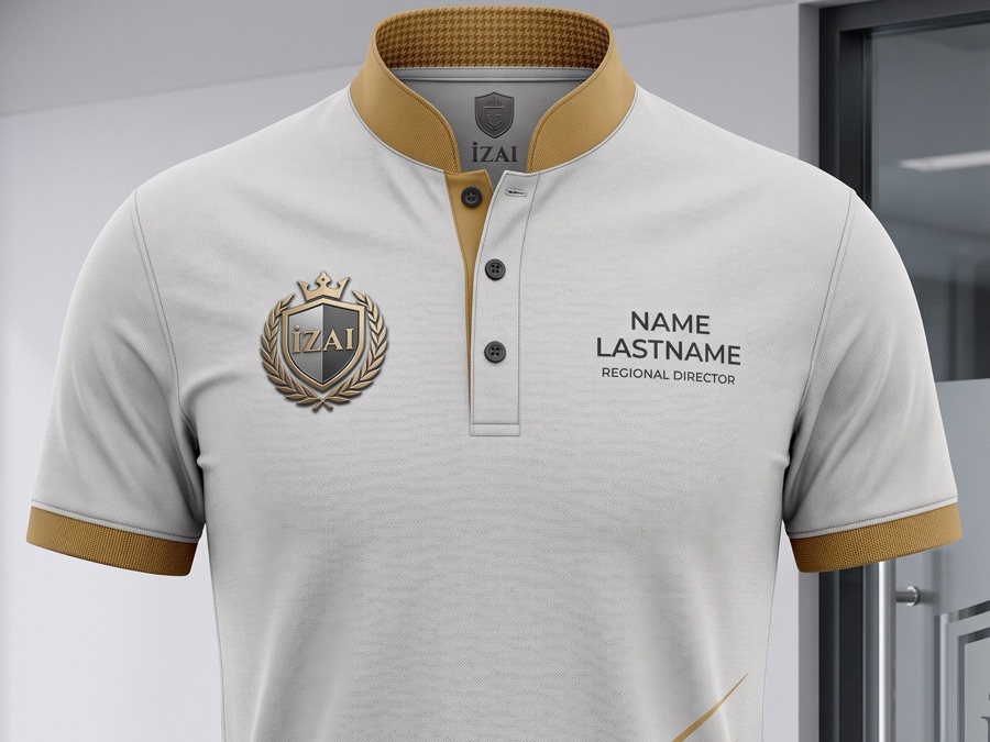 Corporate polo with mandarin collar, embroidered crest and gold brush-stroke hem